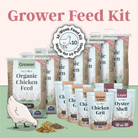 Organic chicken feed kit by Mile Four for 10 pullets, 12-week supply, includes grit, available in mash, pellet, and whole gr
