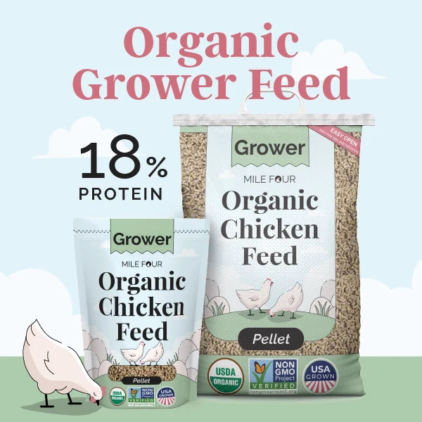 Organic corn-free, soy-free chicken feed pellets in a branded bag by Mile Four, available in multiple sizes.