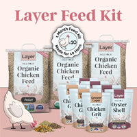Organic layer feed kit for 6 chickens, includes mash, pellet, and whole grain types with grit, by Mile Four