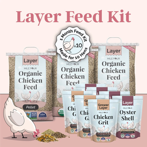 Organic layer feed kit for 6 chickens, includes mash, pellet, and whole grain types with grit, by Mile Four