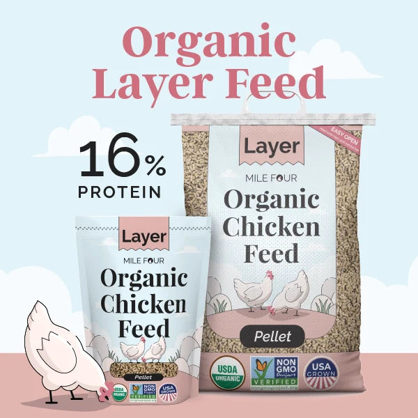 Mile Four organic layer chicken feed, corn-free, soy-free, non-GMO pellets, available in 2 lbs, 23 lbs, and 46 lbs sizes.