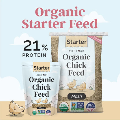Organic corn-free chicken starter feed by Mile Four in a 2 lbs. bag, non-GMO and soy-free mash formula.