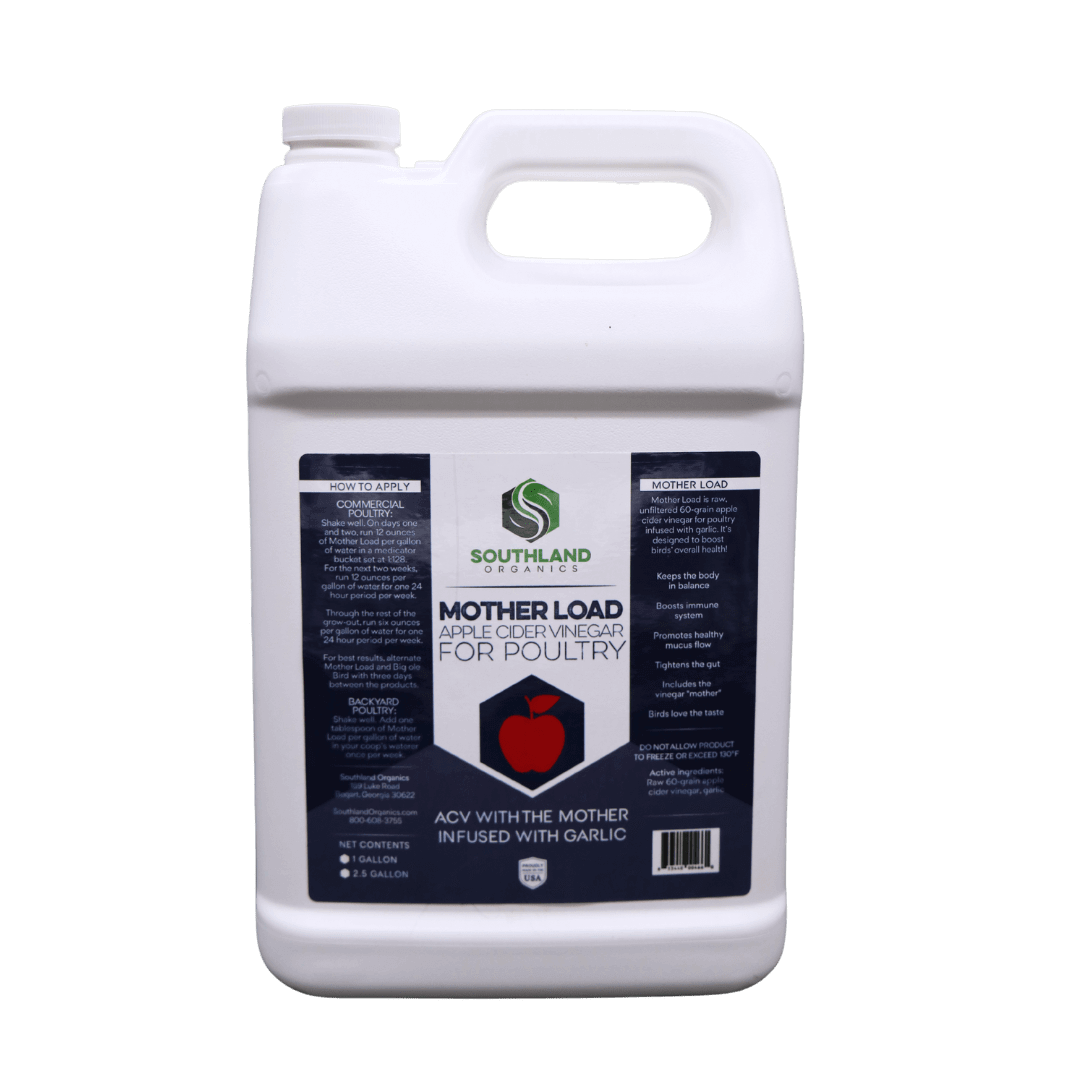 Mother Load raw apple cider vinegar with garlic for chickens, 2.5 gallon jug, by Southland Organics