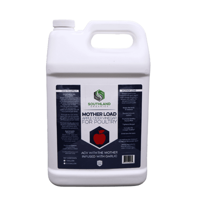 Mother Load raw apple cider vinegar with garlic for chickens, 2.5 gallon jug, by Southland Organics