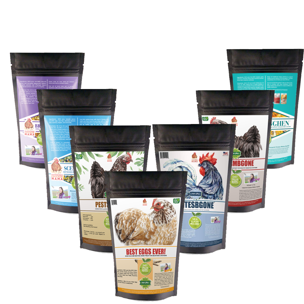 Nesting Herb Starter Bundle with 7 bags of coop herbs by Dahlia Pets, featuring various colors and designs