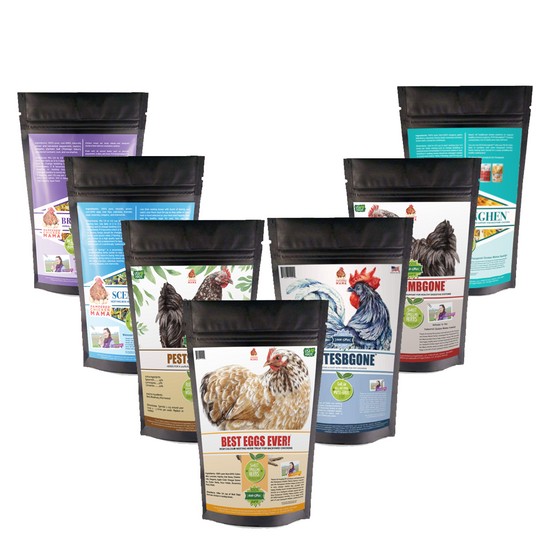 Nesting Herb Starter Bundle with seven herbal blends for pets, featuring various textures and colors.