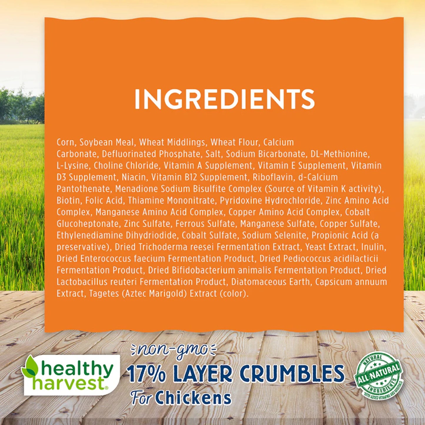 Healthy Harvest 17% protein non-GMO layer crumbles in a 10 lb feed bag by Hatching Time for backyard chickens