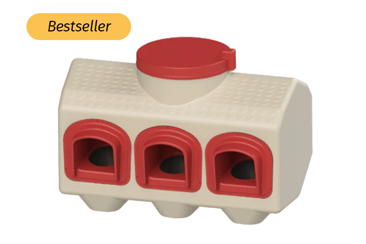 OverEZ Chicken Coop 50-pound automatic chicken feeder, BPA-free plastic, designed for backyard use.