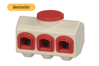 OverEZ Chicken Coop 50-pound automatic chicken feeder, BPA-free plastic, designed for backyard use.