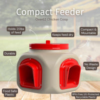 25 lb gravity-fed chicken feeder from OverEZ Chicken Coop, UV-protected, no-waste design, made of durable, food-safe plastic