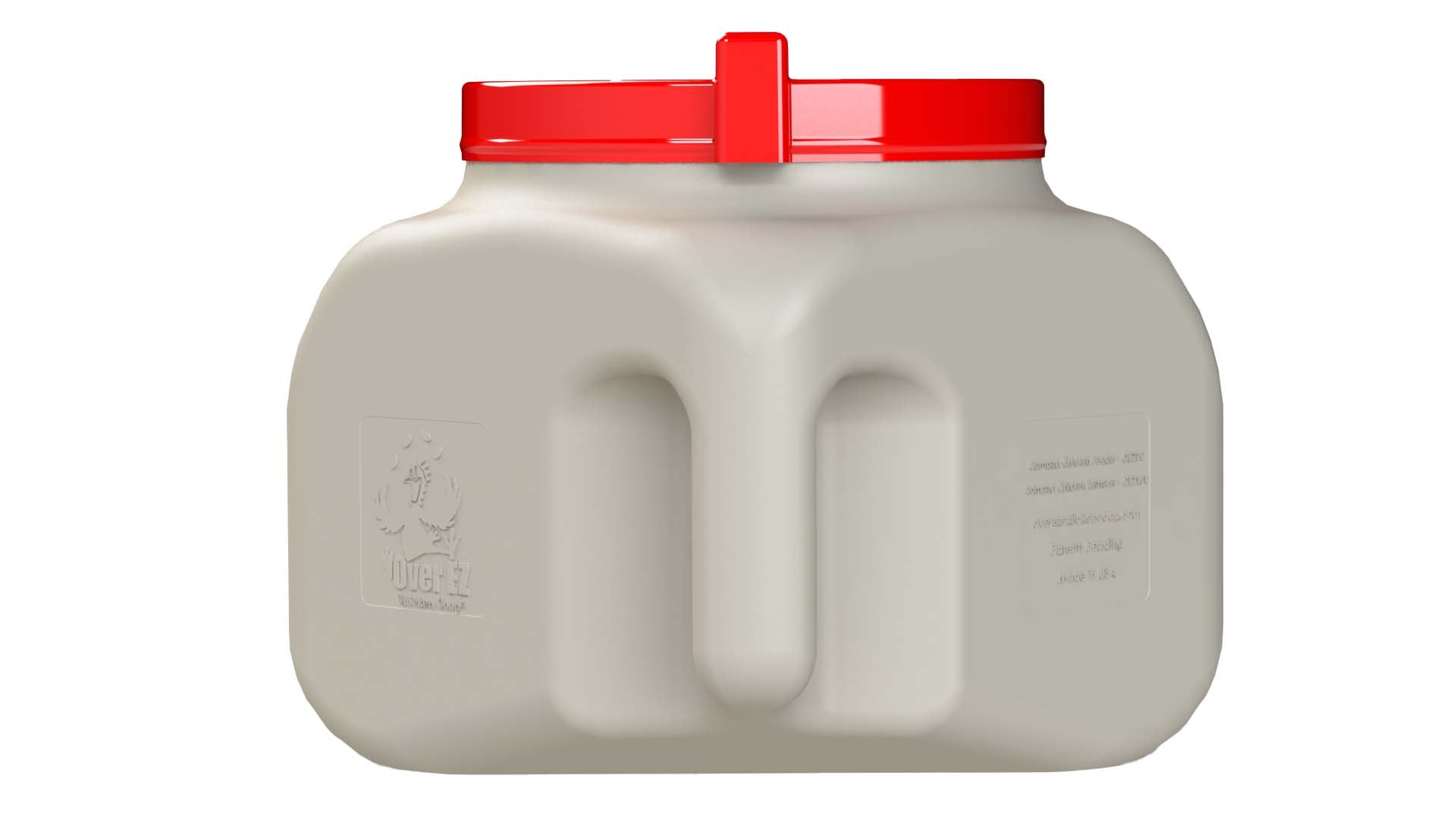 25 lb gravity-fed chicken feeder with red lid, UV-protected, no-waste design by OverEZ Chicken Coop.
