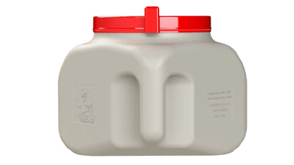 25 lb gravity-fed chicken feeder with red lid, UV-protected, no-waste design by OverEZ Chicken Coop.