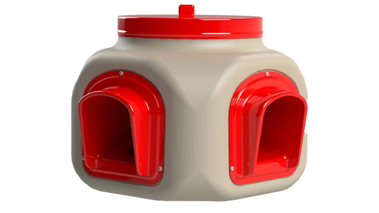 25 lb gravity-fed chicken feeder from OverEZ Chicken Coop, UV-protected, no-waste design, made of durable, food-safe plastic