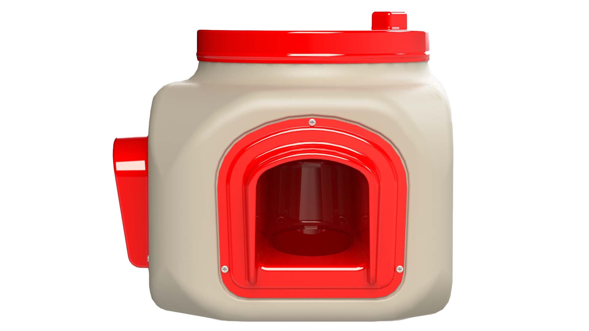 25 LB gravity-fed chicken feeder in beige and red, UV-protected, no-waste design by OverEZ Chicken Coop.