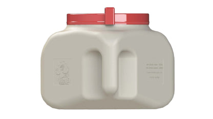 BPA-free 5-gallon chicken waterer with red lid, featuring an automatic nipple drinker system by OverEZ Chicken Coop.