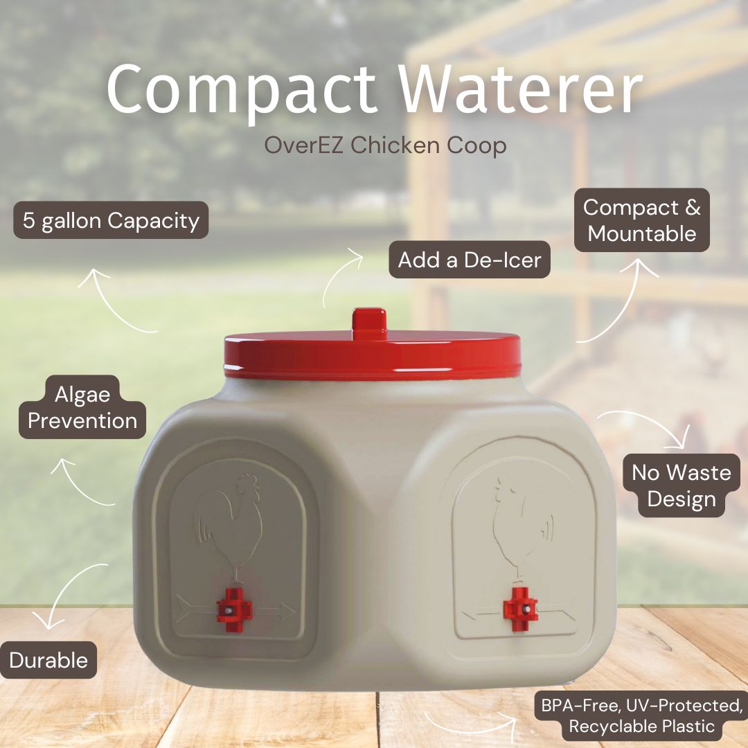 BPA-free 5-gallon chicken waterer by OverEZ, compact design with nipple drinker system for backyard coops.