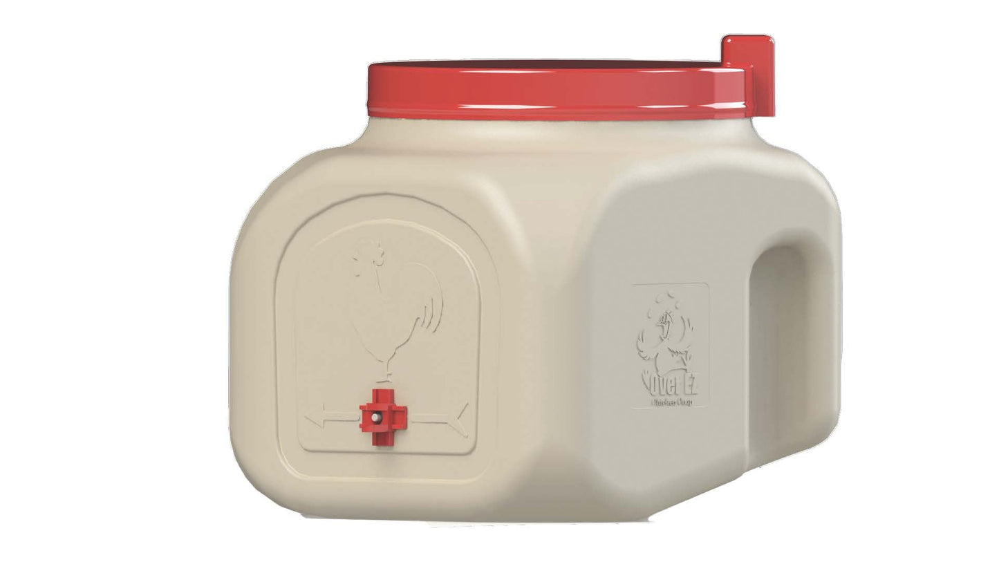 BPA-free 5-gallon chicken waterer with red lid and nipple drinker system by OverEZ Chicken Coop.
