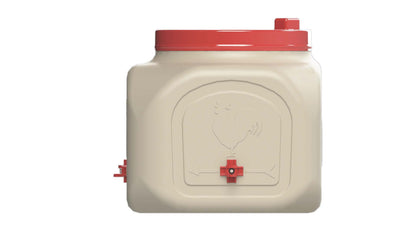 BPA-free 5-gallon chicken waterer with red cap and nipple drinker system by OverEZ Chicken Coop.