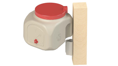 BPA-free 5-gallon chicken waterer with red lid and automatic nipple drinker system by OverEZ Chicken Coop.