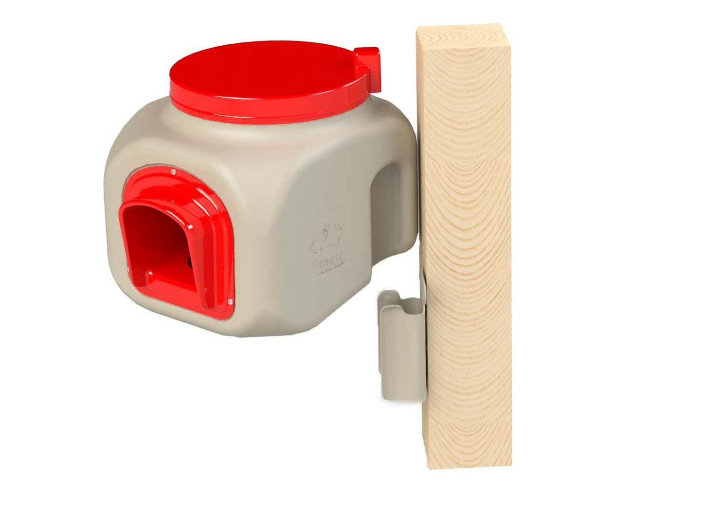 OverEZ Chicken Coop 25 lb gravity-fed chicken feeder with red lid and no-waste design, made from BPA-free material.