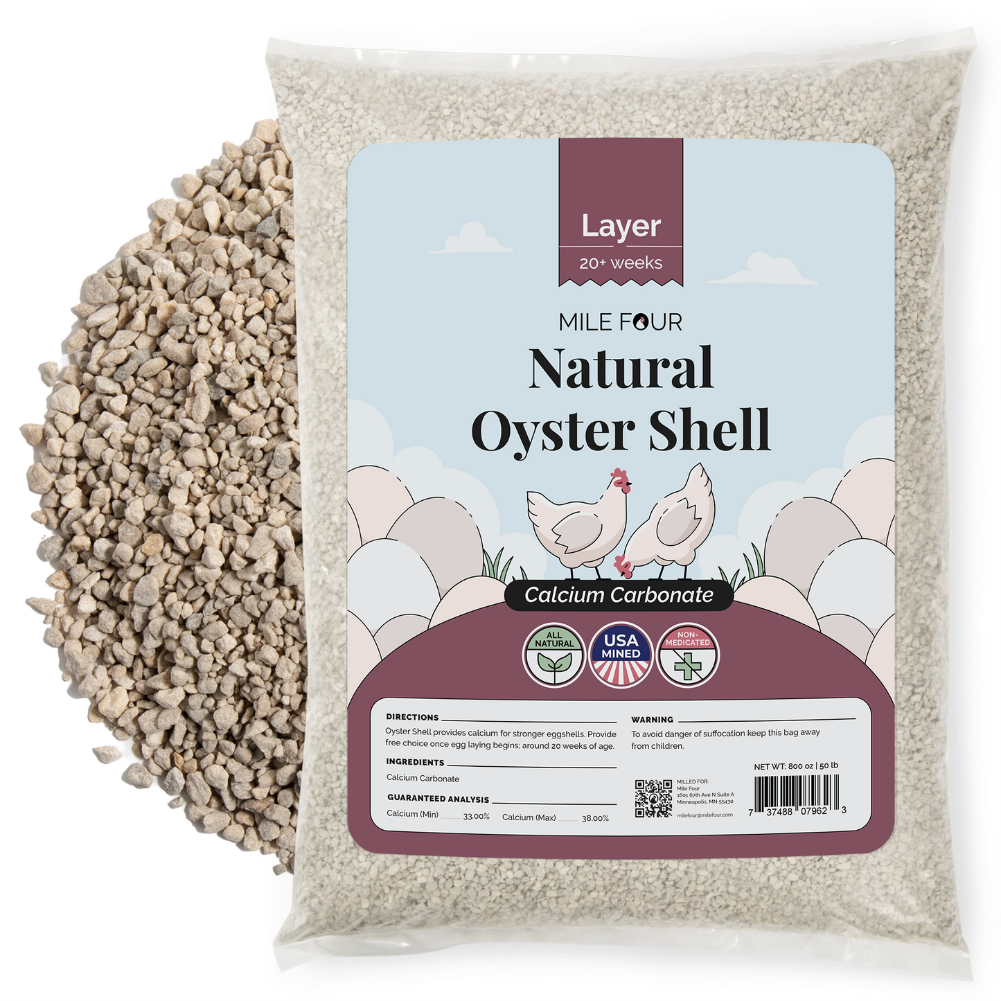 Organic oyster shell calcium supplement for laying chickens by Mile Four, 4 lbs bag, natural color