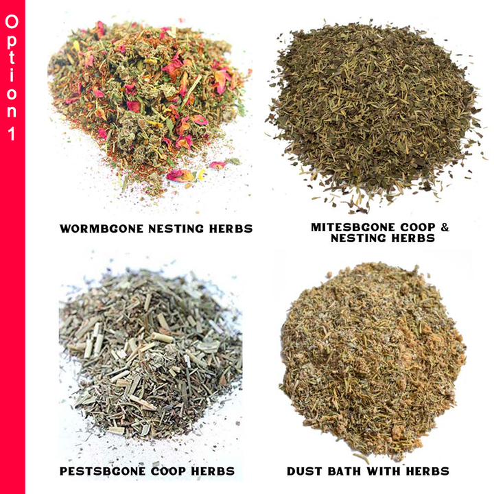 Natural herbal chicken coop and dust bath blend by Dahlia Pets, featuring four varieties for pest control and chicken care.