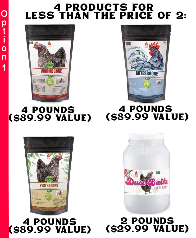 Natural parasite control bundle with chicken coop herbs and dust bath by Dahlia Pets, available in 14 and 71 pounds.