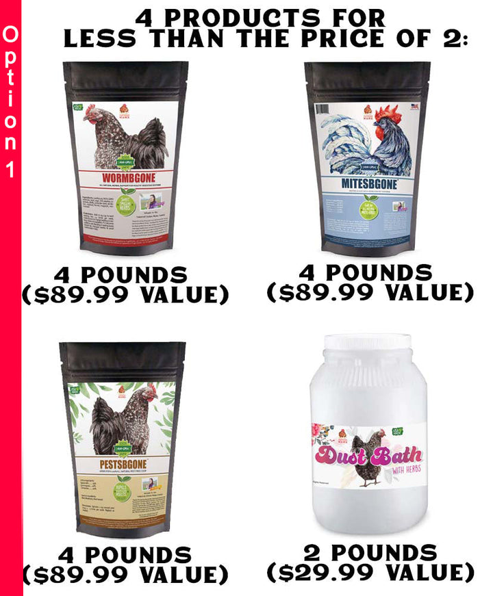 Natural parasite control bundle with chicken coop herbs and dust bath by Dahlia Pets, available in 14 and 71 pounds.