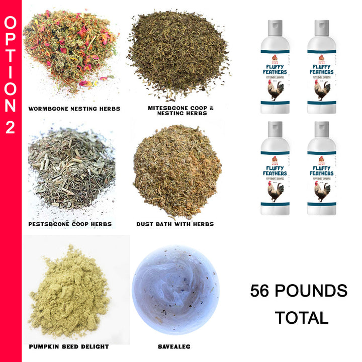 Natural parasite control bundle with chicken coop herbs, dust bath, and 56 pounds of natural ingredients by Dahlia Pets.