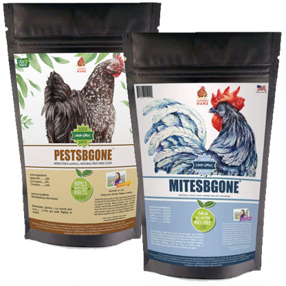 Natural chicken coop herbs bundle by Dahlia Pets, featuring MitesBGone and PestsBGone herb mixes in resealable bags.