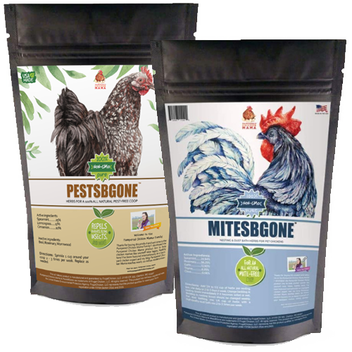 Natural chicken coop herbs bundle by Dahlia Pets, featuring MitesBGone and PestsBGone herb mixes in resealable bags.