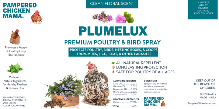 PlumeLux Natural Poultry Spray for mite, lice, and flea control, 16oz, 32oz, and 1-gallon options, by Dahlia Pets.