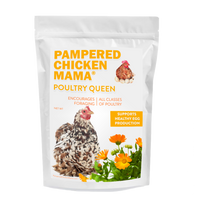 Premium Mealworm Chicken Treats with non-GMO corn, flax, and herbs by Dahlia Pets, available in 3, 10, and 20-pound sizes.