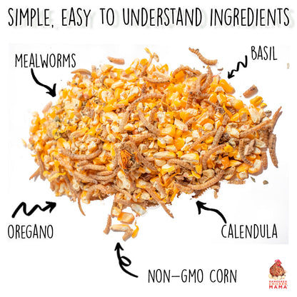 Premium mealworm chicken treats with non-GMO corn, herbs, and flax for backyard flocks by Dahlia Pets.