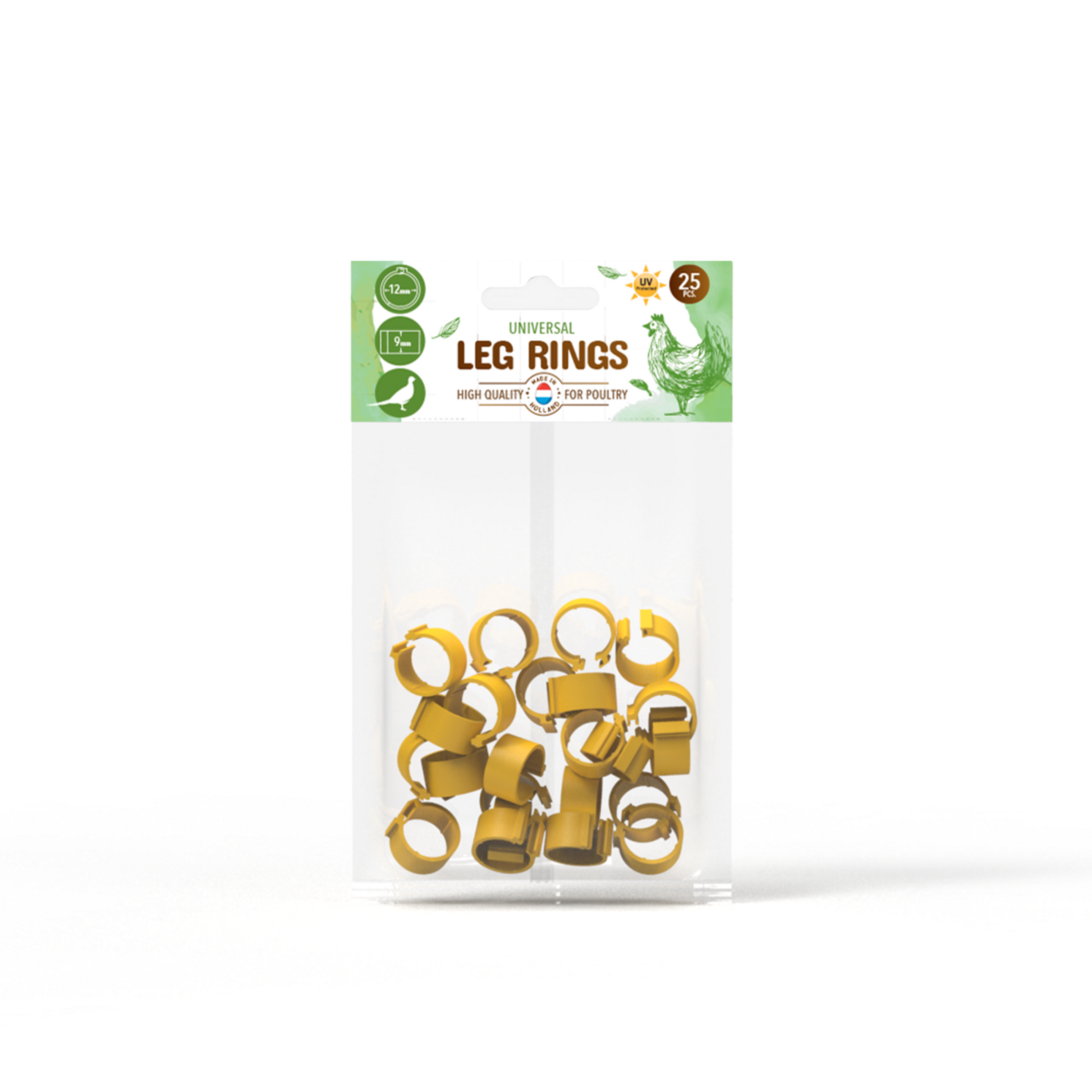 Durable yellow, orange, and pink poultry leg bands 12mm in a pack of 25, featuring a zip connection by Hatching Time.