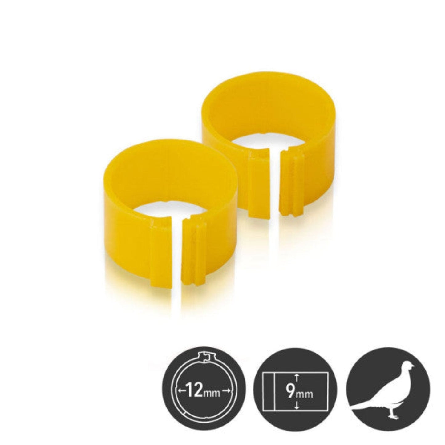 Yellow 12mm durable poultry leg bands in a pack of 25 with zip connection by Hatching Time for bird identification.
