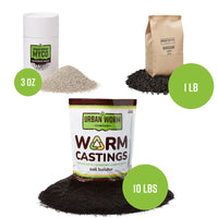 Urban Worm Company premium soil amendment bundle with worm castings, biochar, and mycorrhizae in eco-friendly packaging