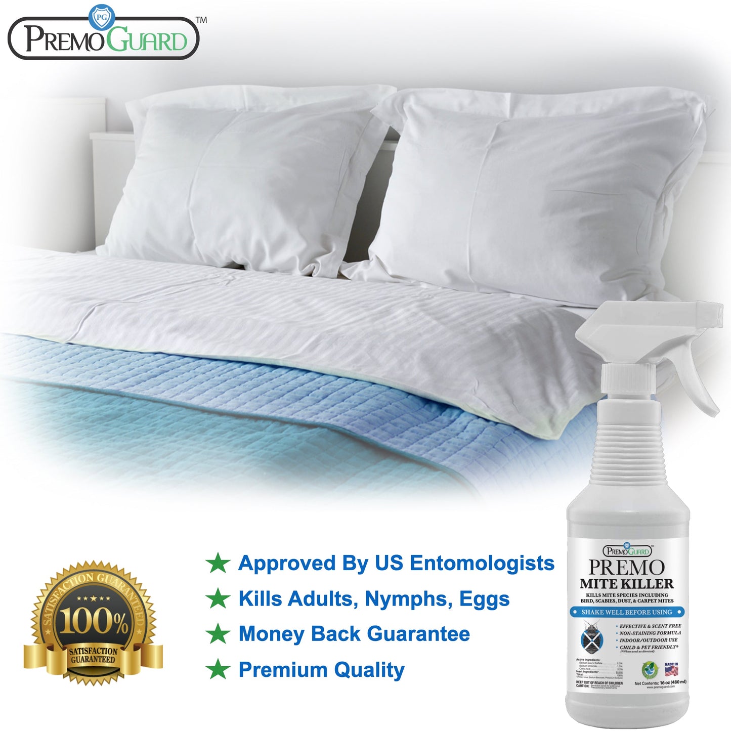 Spray anti-acariens 473 ml – Entièrement naturel et non toxique – Par Premo Guard