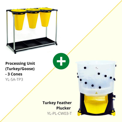 Turkey processing kit with durable ABS plastic, featuring a 3-cone unit and plucker by Hatching Time.