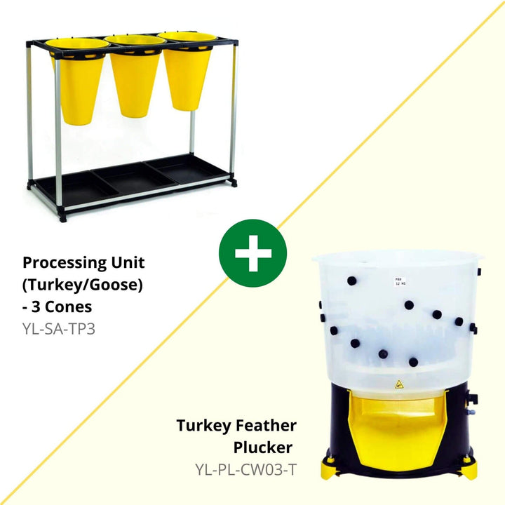 Turkey processing kit with durable ABS plastic, featuring a 3-cone unit and plucker by Hatching Time.