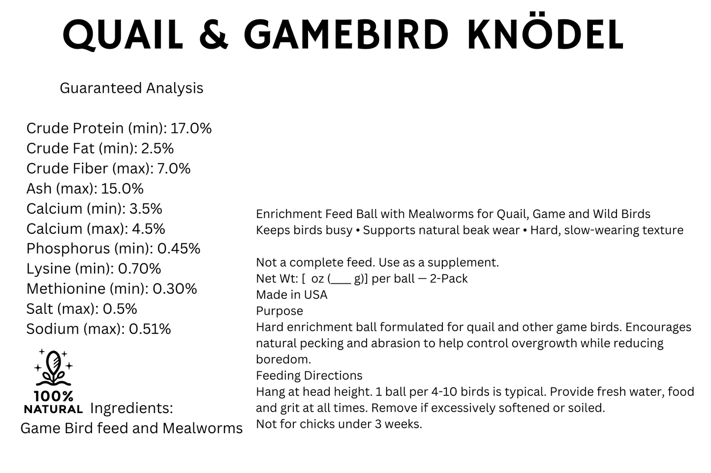 Durable Quail Gamebird Feed Ball with Mealworms 2-Pack USA Made