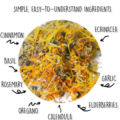 Aromatic herbal blend for chicken coops featuring calendula, echinacea, and garlic by Dahlia Pets.