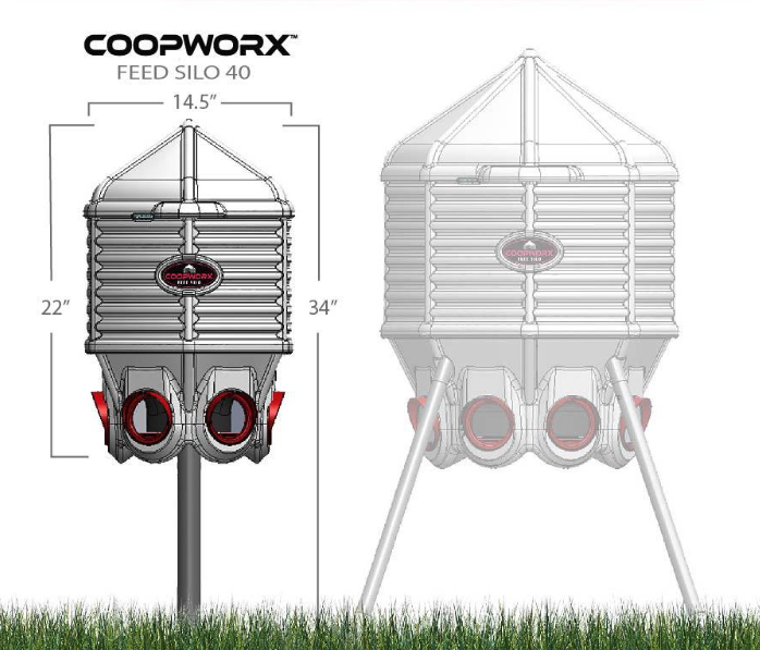 CoopWorx 40 lb. aluminum chicken feed silo with X-Base, featuring a durable feed dispensing design