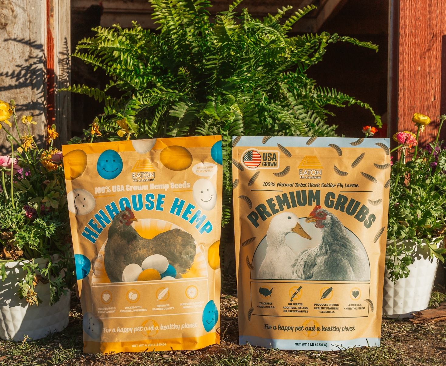 Chicken Snack Pack Bundle featuring Eaton Pet and Pasture's Hemp Treats and Protein Grubs with colorful packaging