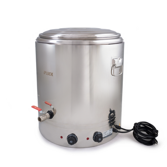 Stainless steel 26-gallon poultry scalder by Hatching Time, designed for manual dunking and backyard processing.