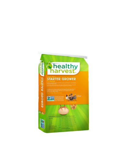 Healthy Harvest Non-GMO chick starter feed, 20% protein, available in 5 lb, 20 lb, and 40 lb bags.