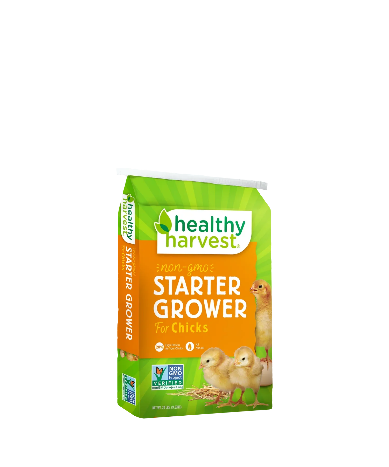 Healthy Harvest Non-GMO Chick Starter Feed, 20% protein, 40 lb bag, suitable for baby chicks and backyard chickens.