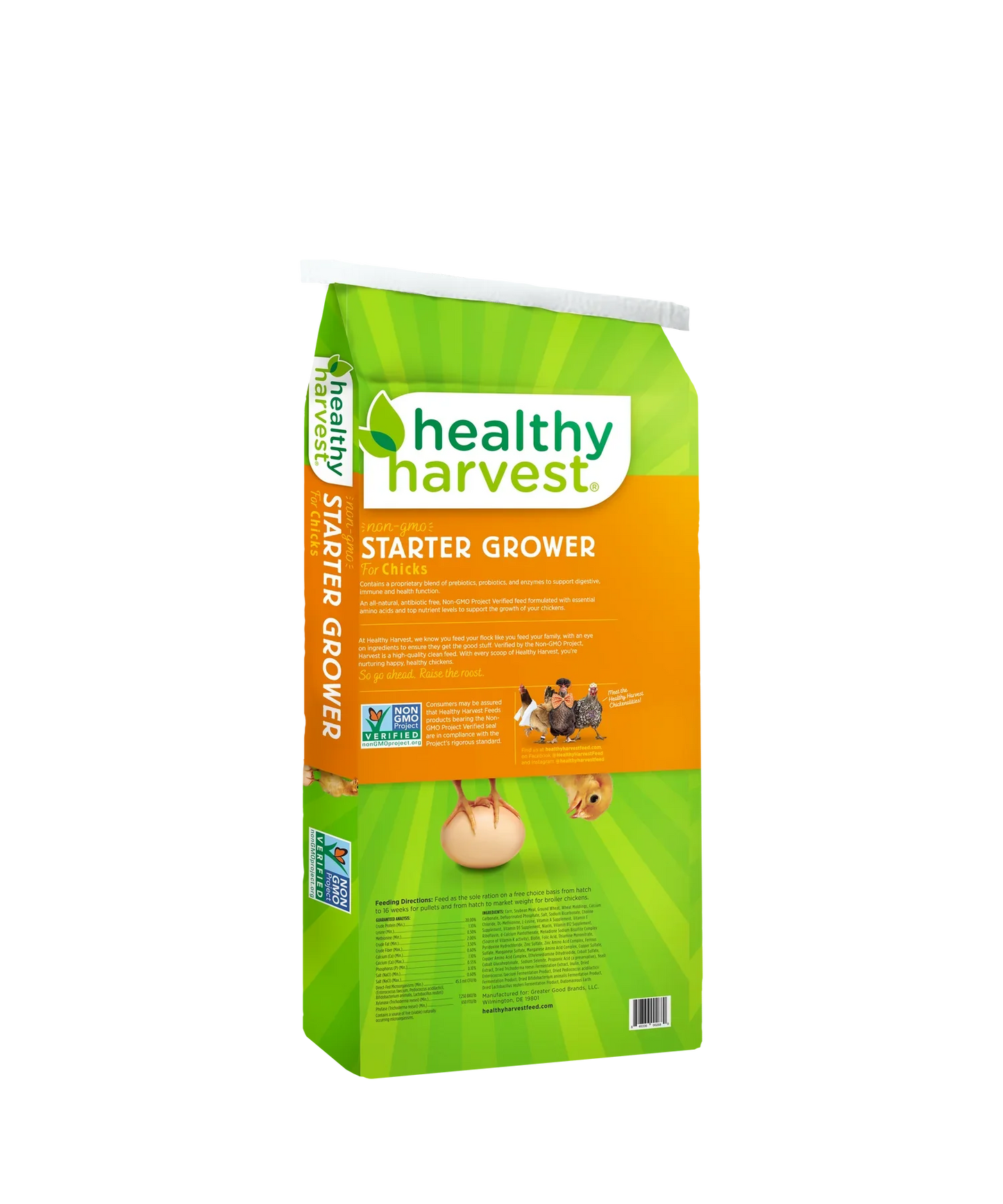 Healthy Harvest Non-GMO Chick Starter Feed, 20% protein, available in 5, 20, and 40 lb bags, suitable for baby chicks.