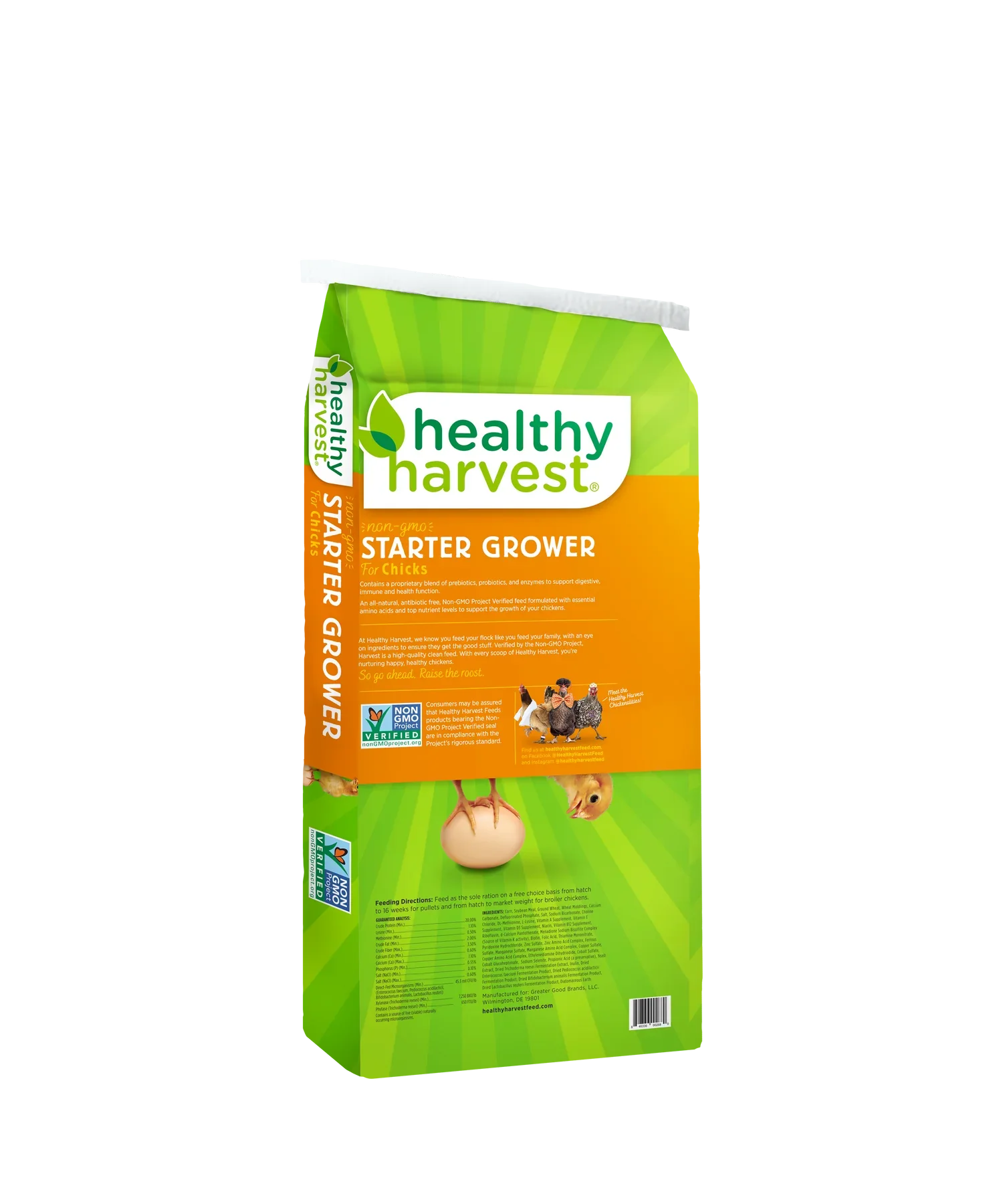 Healthy Harvest Non-GMO Chick Starter Feed, 20% protein, available in 5, 20, and 40 lb bags, suitable for baby chicks.