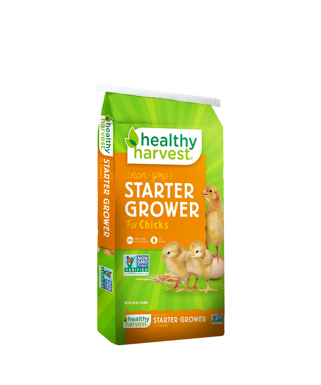 Hatching Time Healthy Harvest Non-GMO Chick Starter Feed, 20% protein, available in 5, 20, and 40 lb bags.